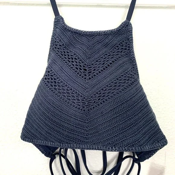 Xhilaration Bikini Top Blue Bralette Crochet Halter Strappy Knit NWT - Picture 5 of 9